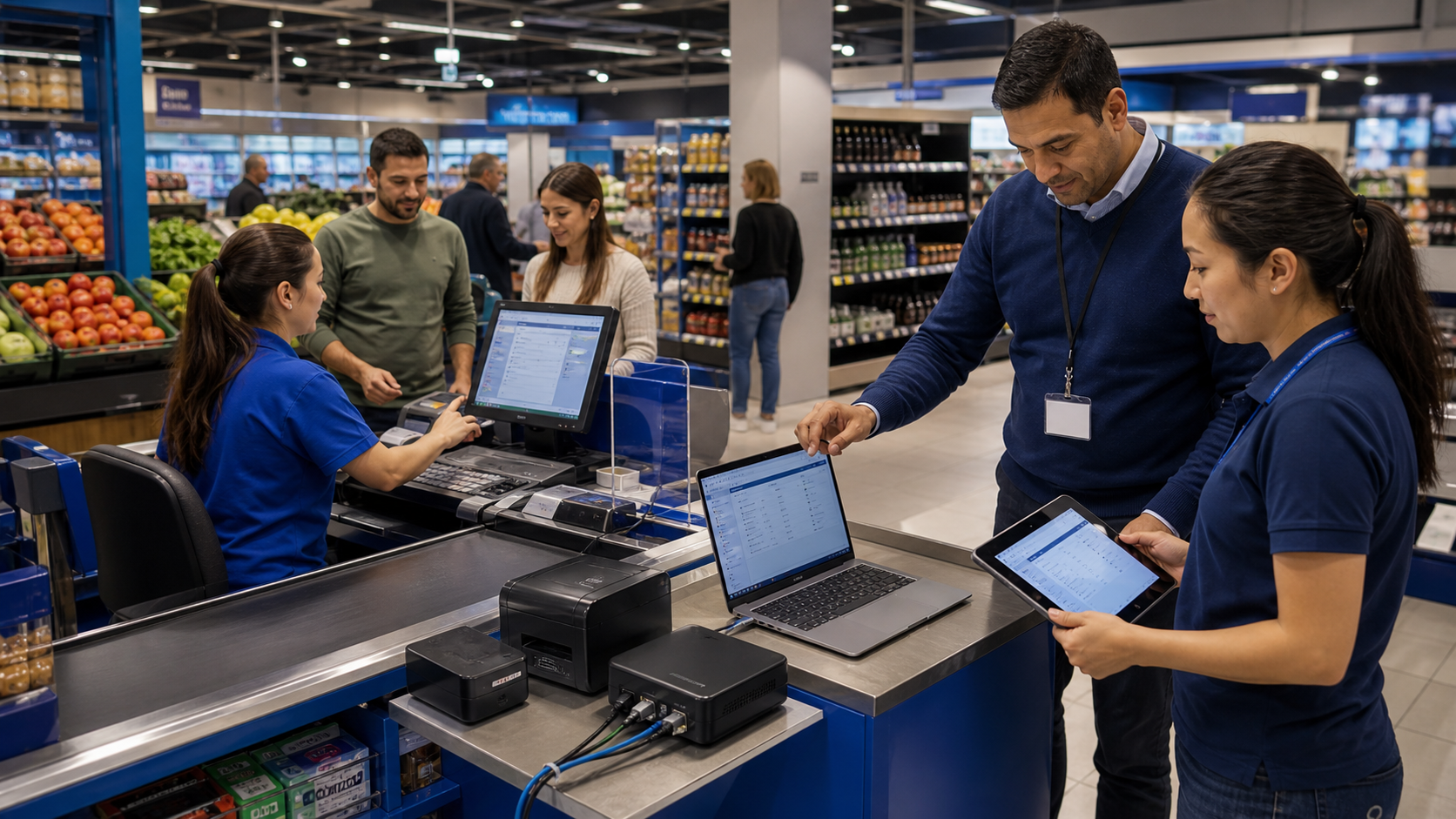 Supermarket team keeping its existing POS and ERP while EazLink connects the transaction to fiscal proof