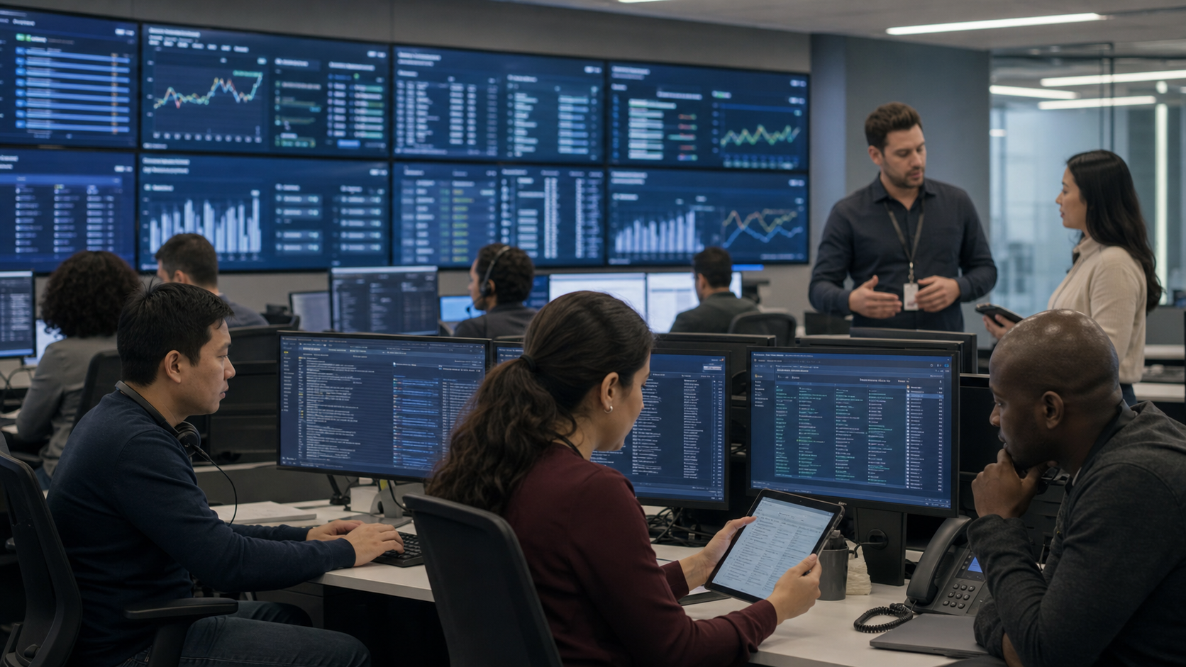Global compliance operations team monitoring transaction health, queues, recovery, and audit evidence