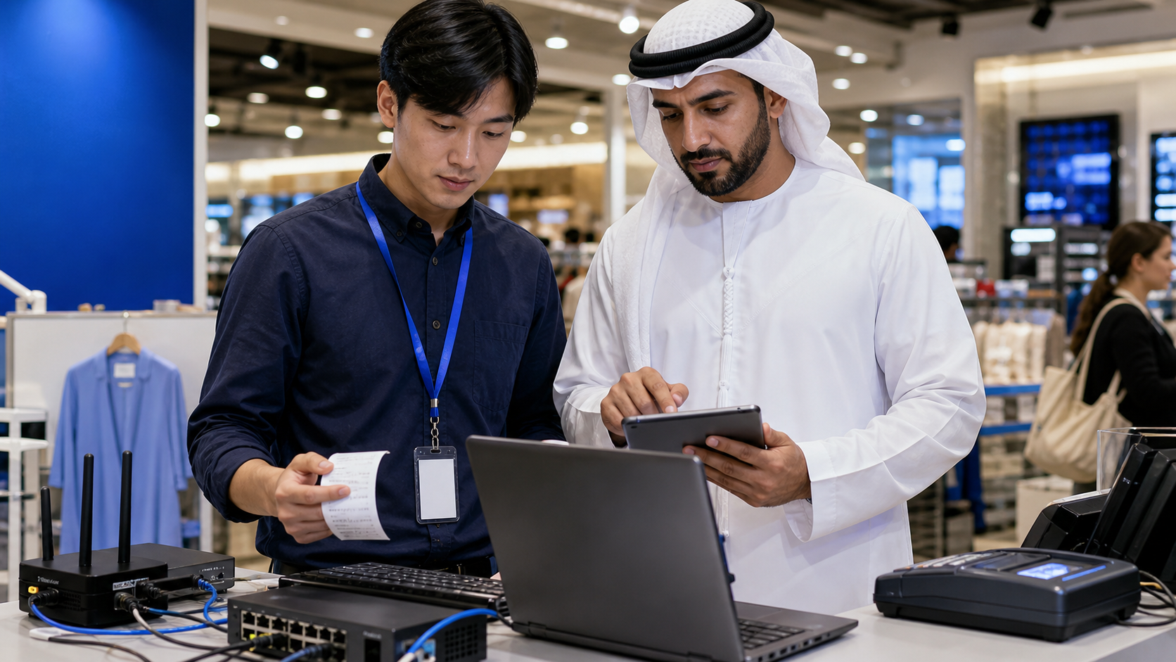 Field engineer validating offline fiscal continuity with network equipment, POS receipt, laptop, and tablet