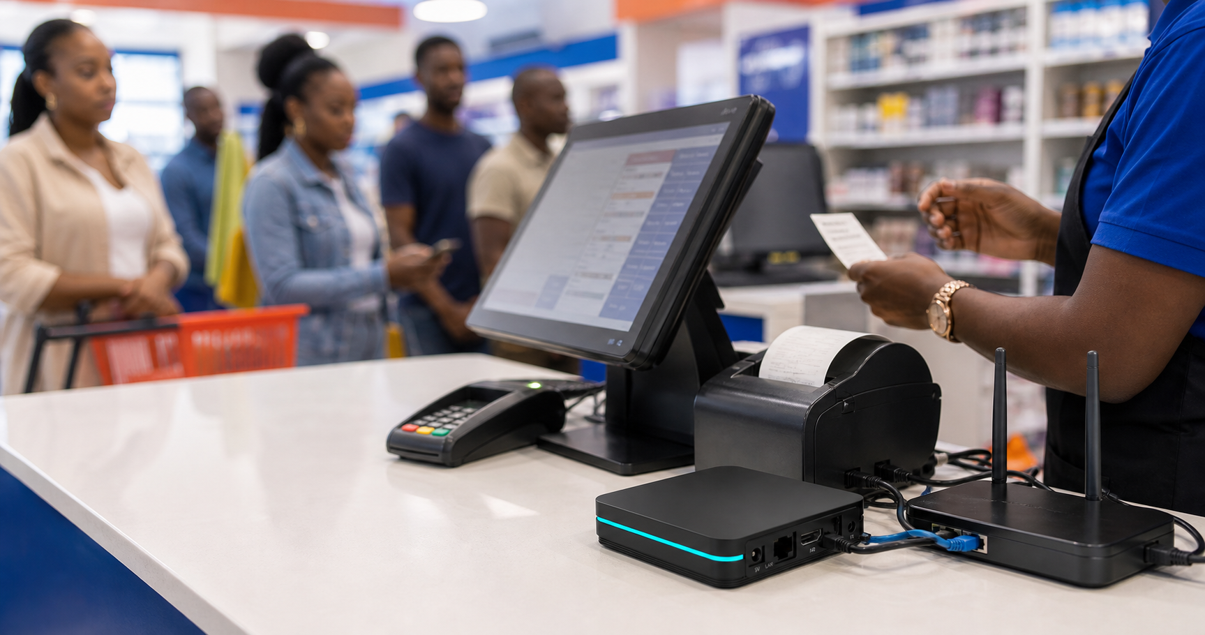 Busy retail checkout with EazLink hardware beside POS and receipt printer
