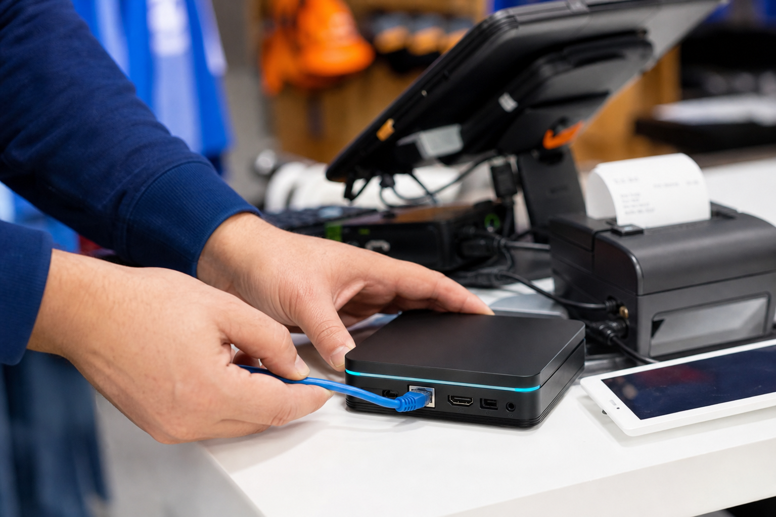 Dealer installing EazLink hardware beside store POS and receipt printer
