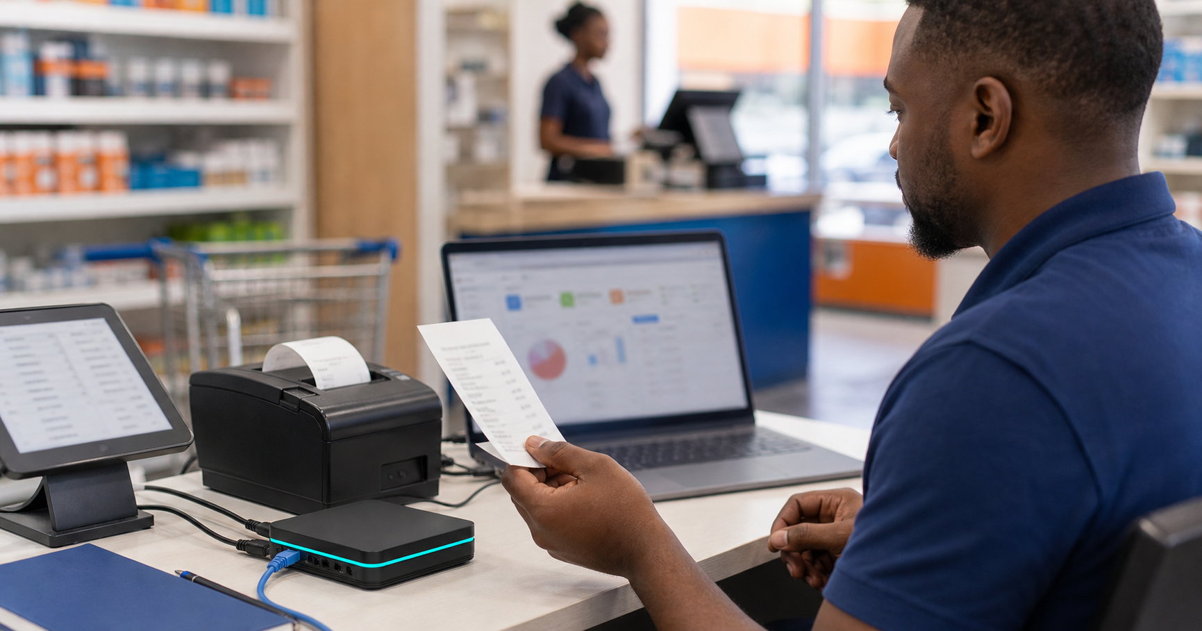 Store manager reviewing receipt proof and status with EazLink hardware connected to POS