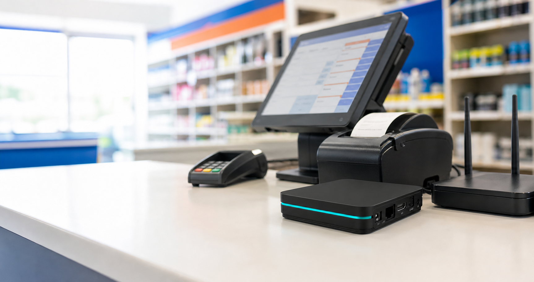 EazLink fiscal hardware beside POS, printer, router, and retail checkout equipment