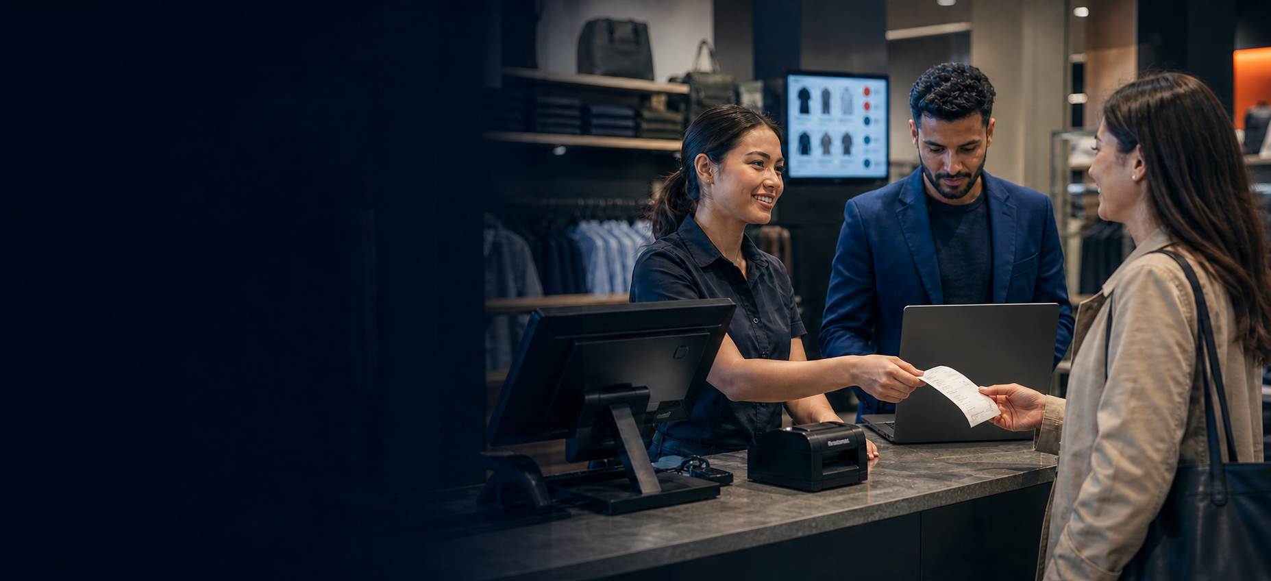 Retail checkout continuing while an implementation specialist verifies the compliant invoice flow through the store's existing systems