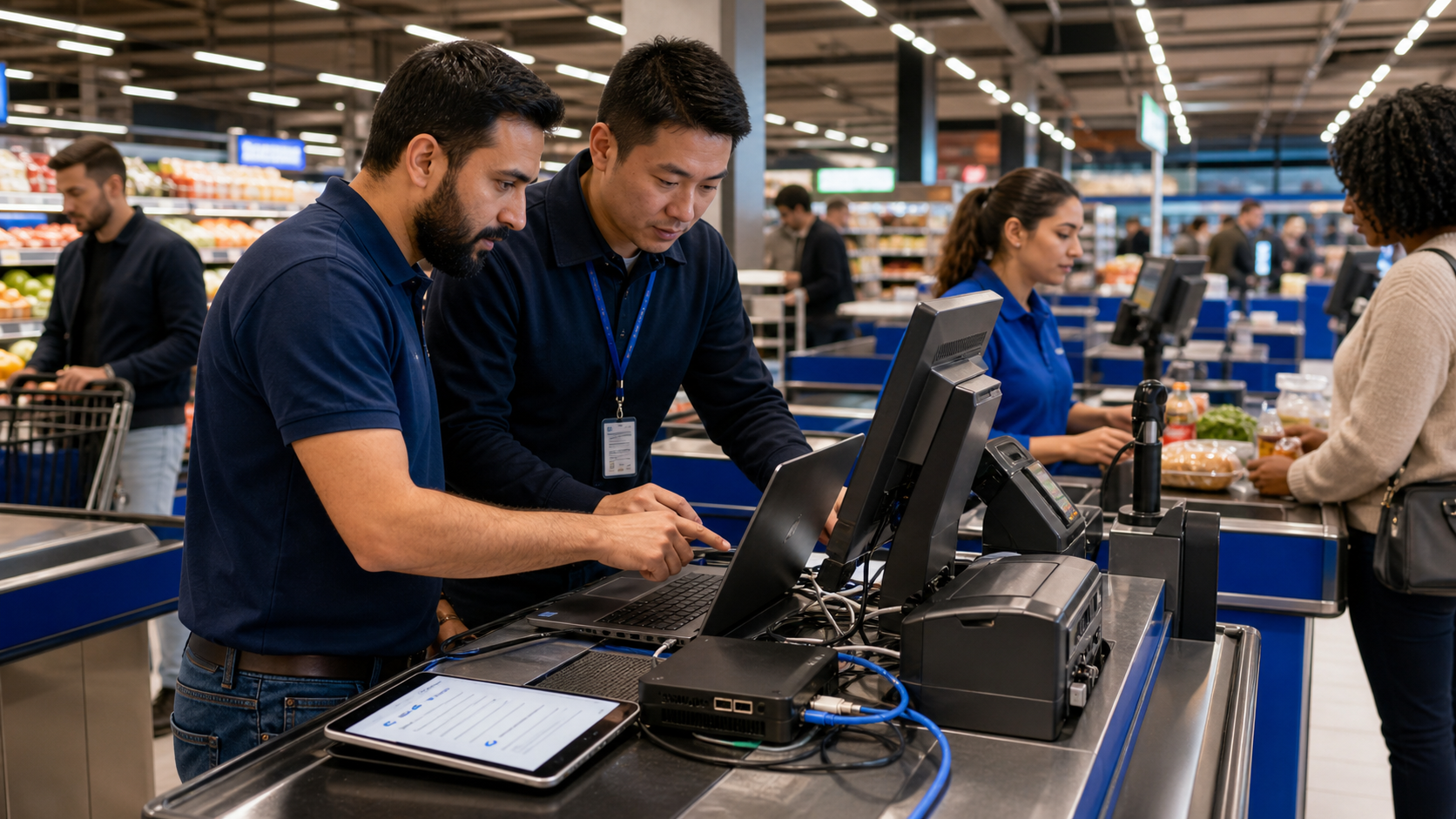 ERP and POS partner configuring fiscal compliance beside a live supermarket checkout