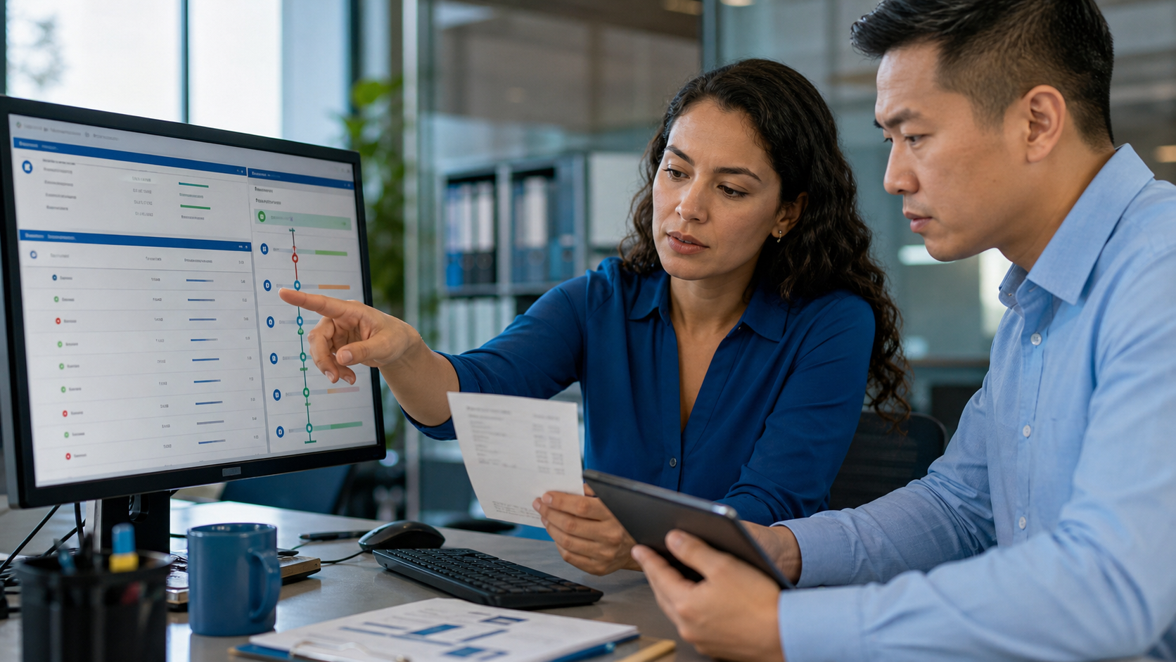 Finance controller and partner support specialist reviewing an electronic invoice audit trail