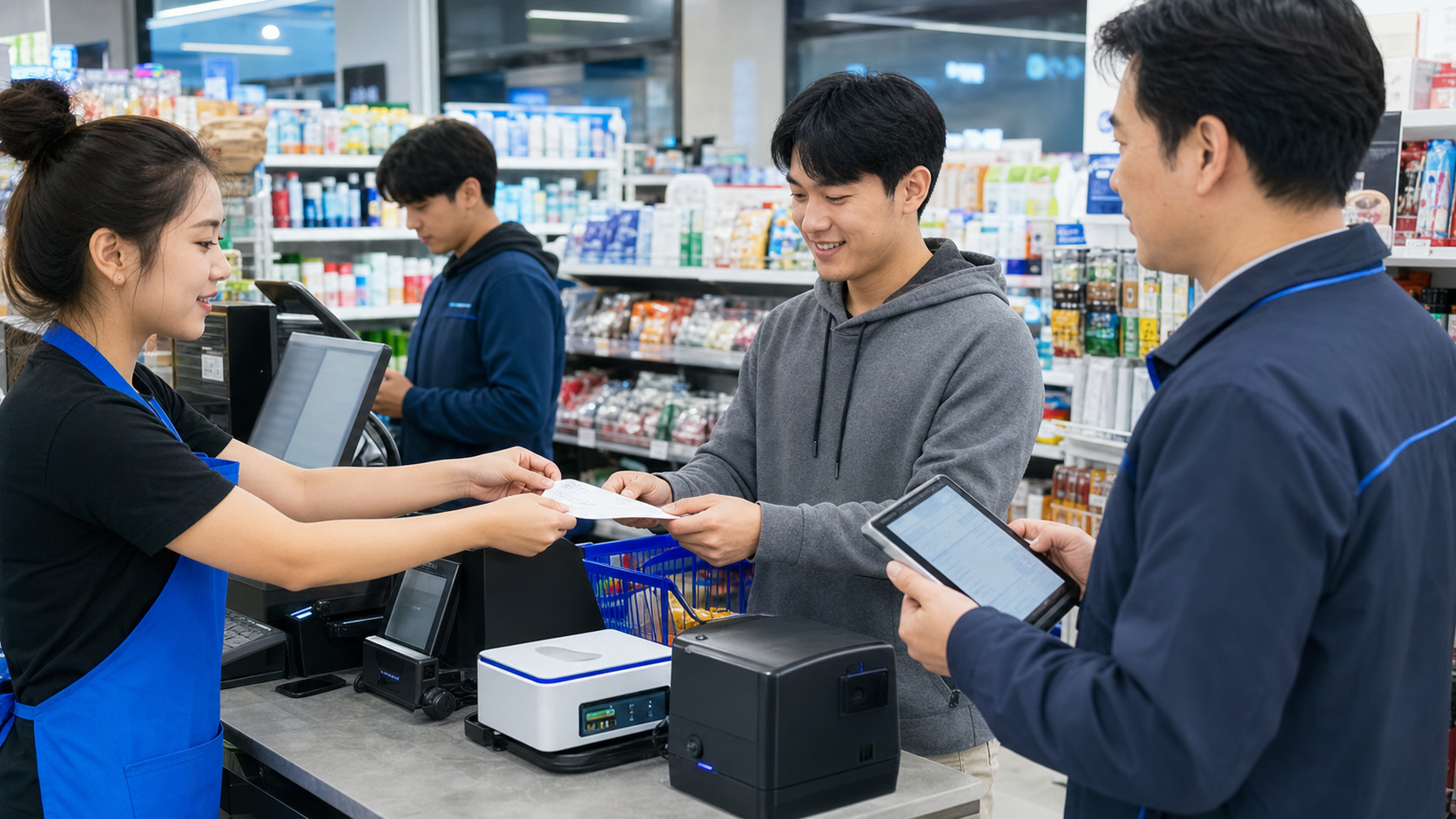 Convenience store completing a customer sale while the supervisor verifies electronic invoice status